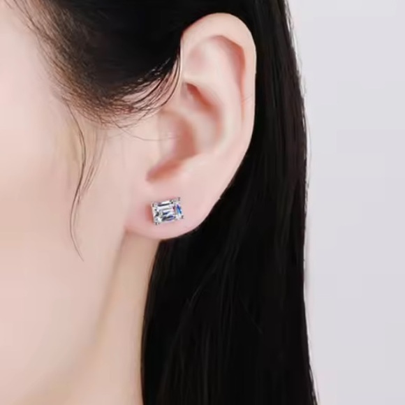 Asher Cut Emerald Style 9.25 Sterling Silver & Moissanite Stud Earrings